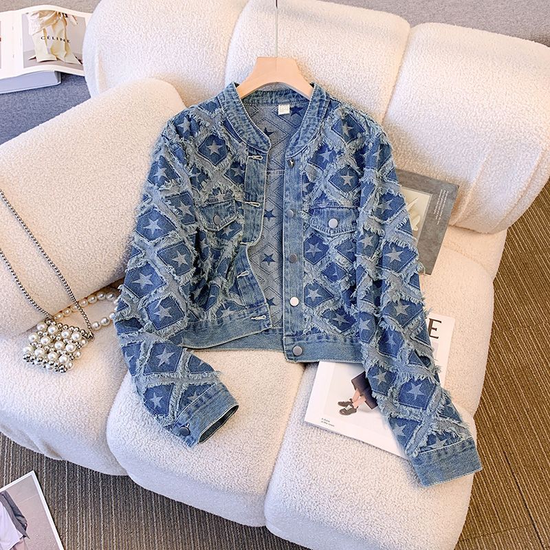 Coat Women Denim Coats Round N - Patchwork Jean Jacket ulasan dan harga