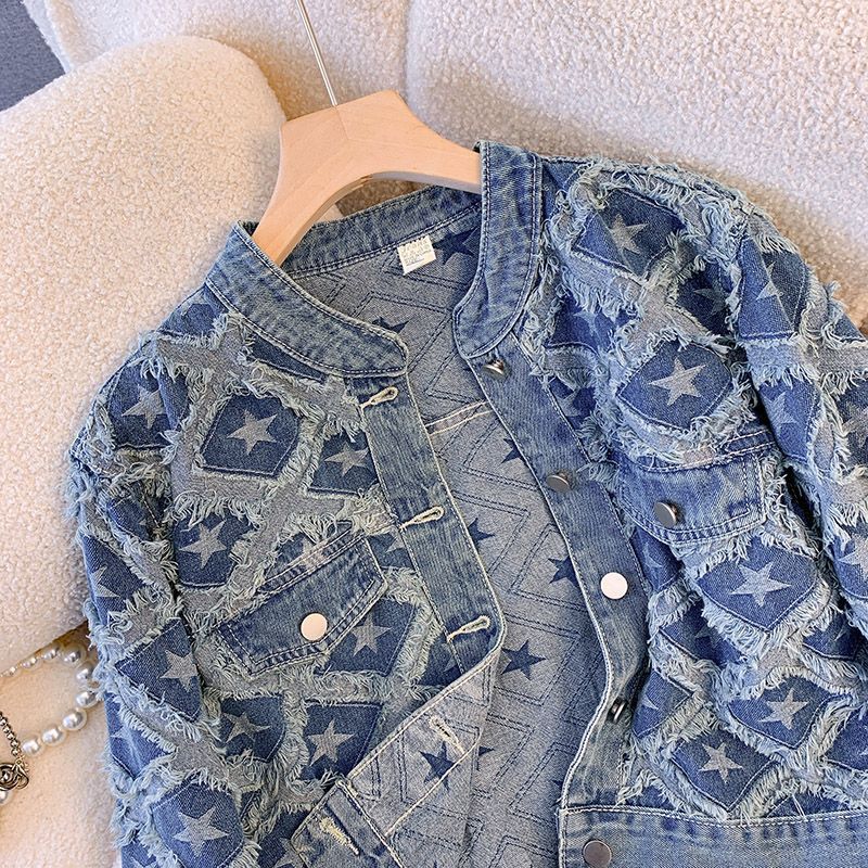 Coat Women Denim Coats Round N - Patchwork Jean Jacket ulasan dan harga