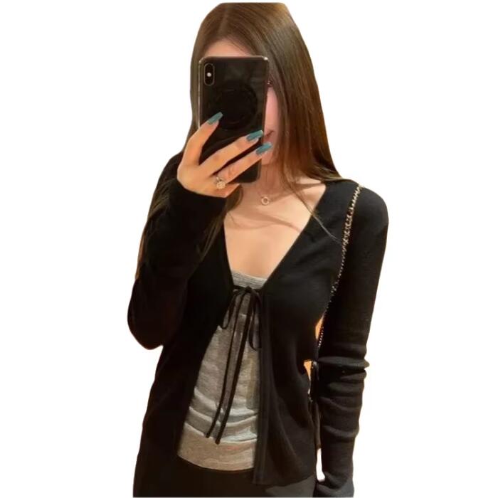 Women's Knitting Thin Long Sle - Crop Cardigan Vintage ulasan dan harga
