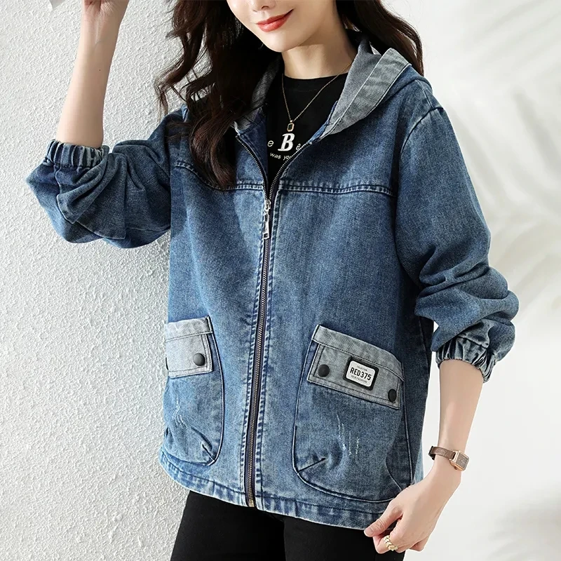 New Splicing Zipper Female Cow - Patchwork Jean Jacket ulasan dan harga
