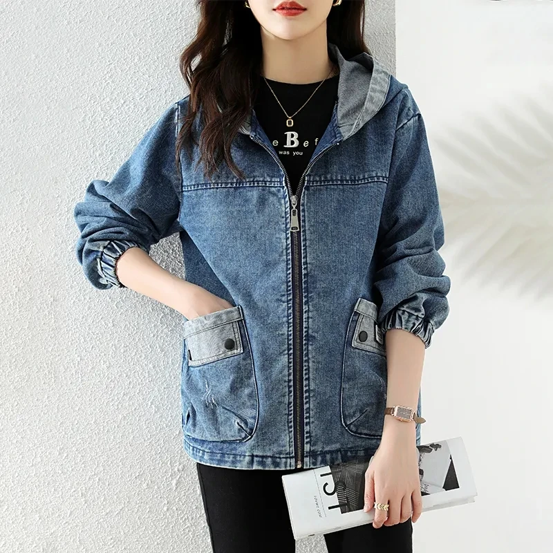 New Splicing Zipper Female Cow - Patchwork Jean Jacket ulasan dan harga