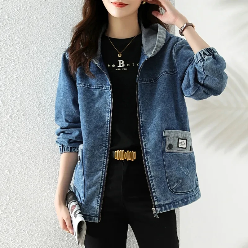 New Splicing Zipper Female Cow - Patchwork Jean Jacket ulasan dan harga