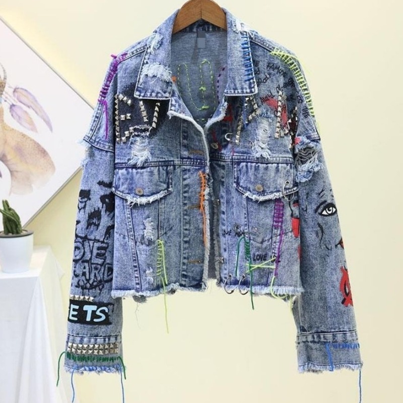 Trendy Graffiti Casual Denim S - Patchwork Jean Jacket ulasan dan harga