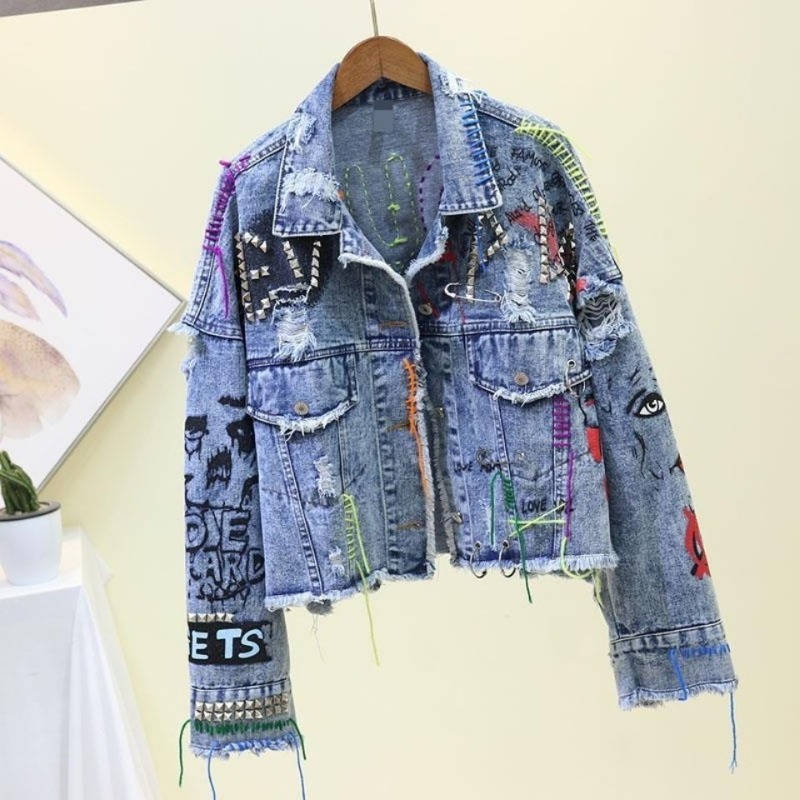 Trendy Graffiti Casual Denim S - Patchwork Jean Jacket ulasan dan harga