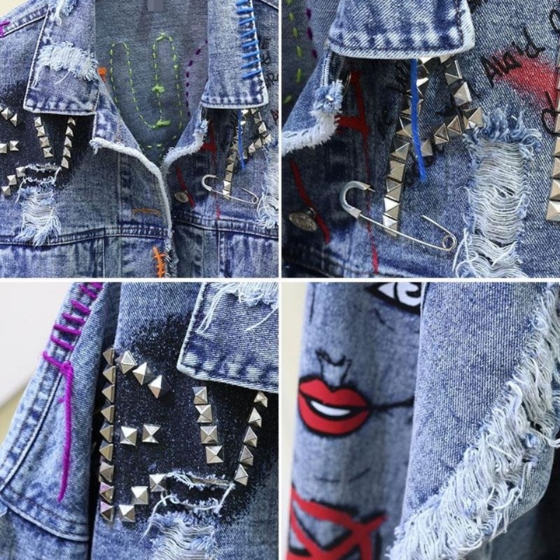 Trendy Graffiti Casual Denim S - Patchwork Jean Jacket ulasan dan harga