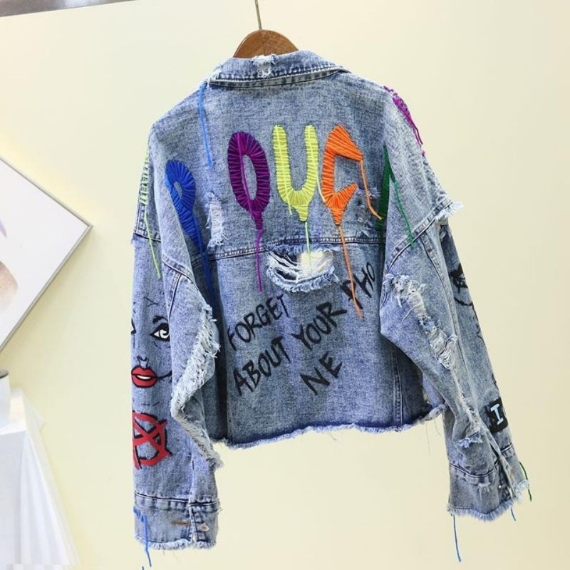 Trendy Graffiti Casual Denim S - Patchwork Jean Jacket ulasan dan harga