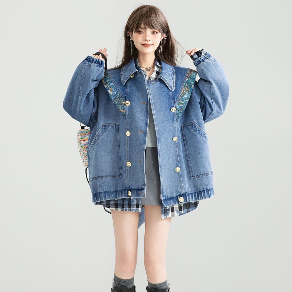 Vintage Denim Jacket Outwear W - Patchwork Jean Jacket ulasan dan harga