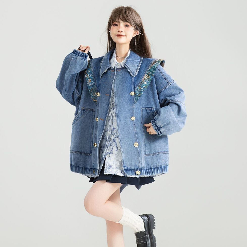 Vintage Denim Jacket Outwear W - Patchwork Jean Jacket ulasan dan harga